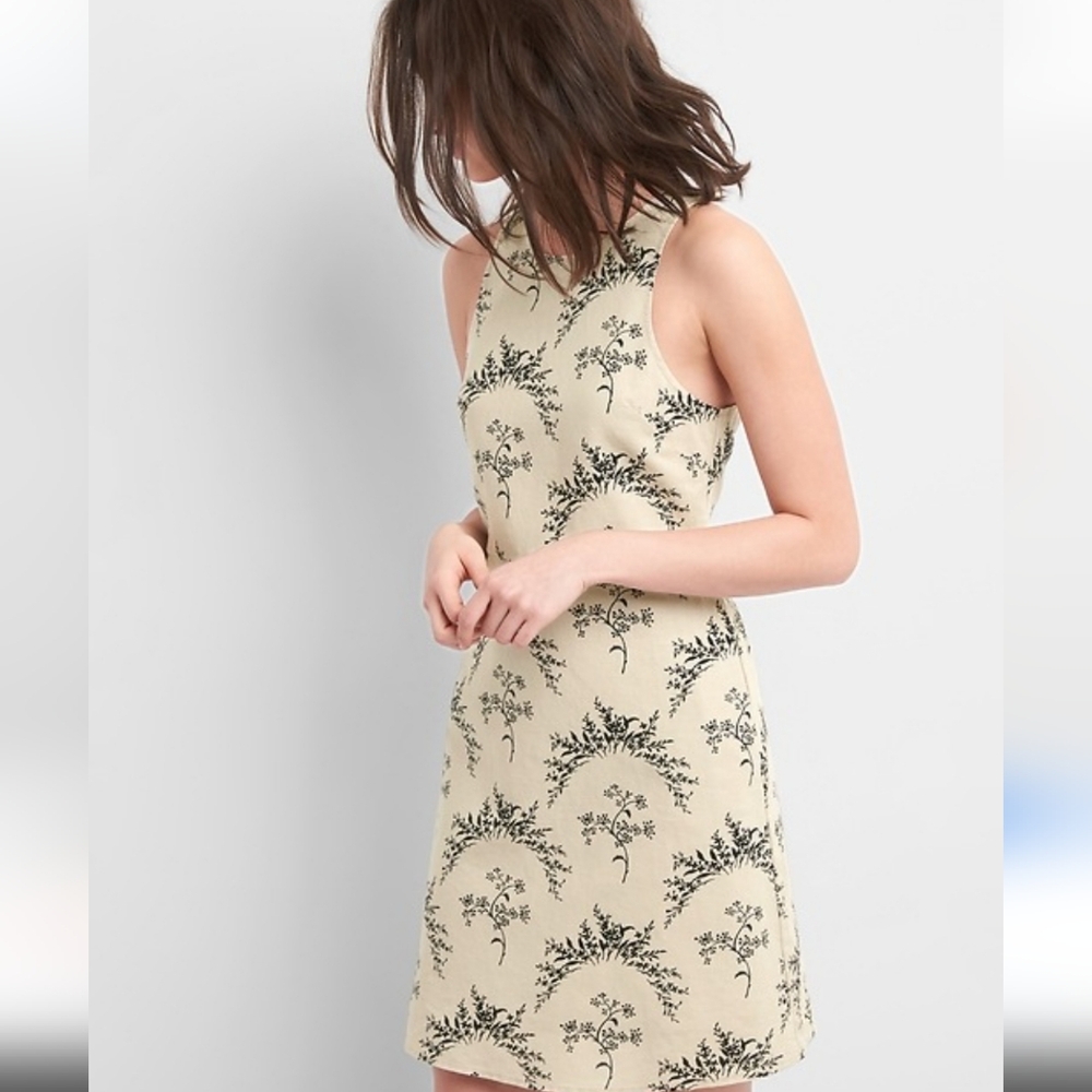 GAP‎ Sleeveless Tan Black Linen Blend Floral Dress Size 12 Tall